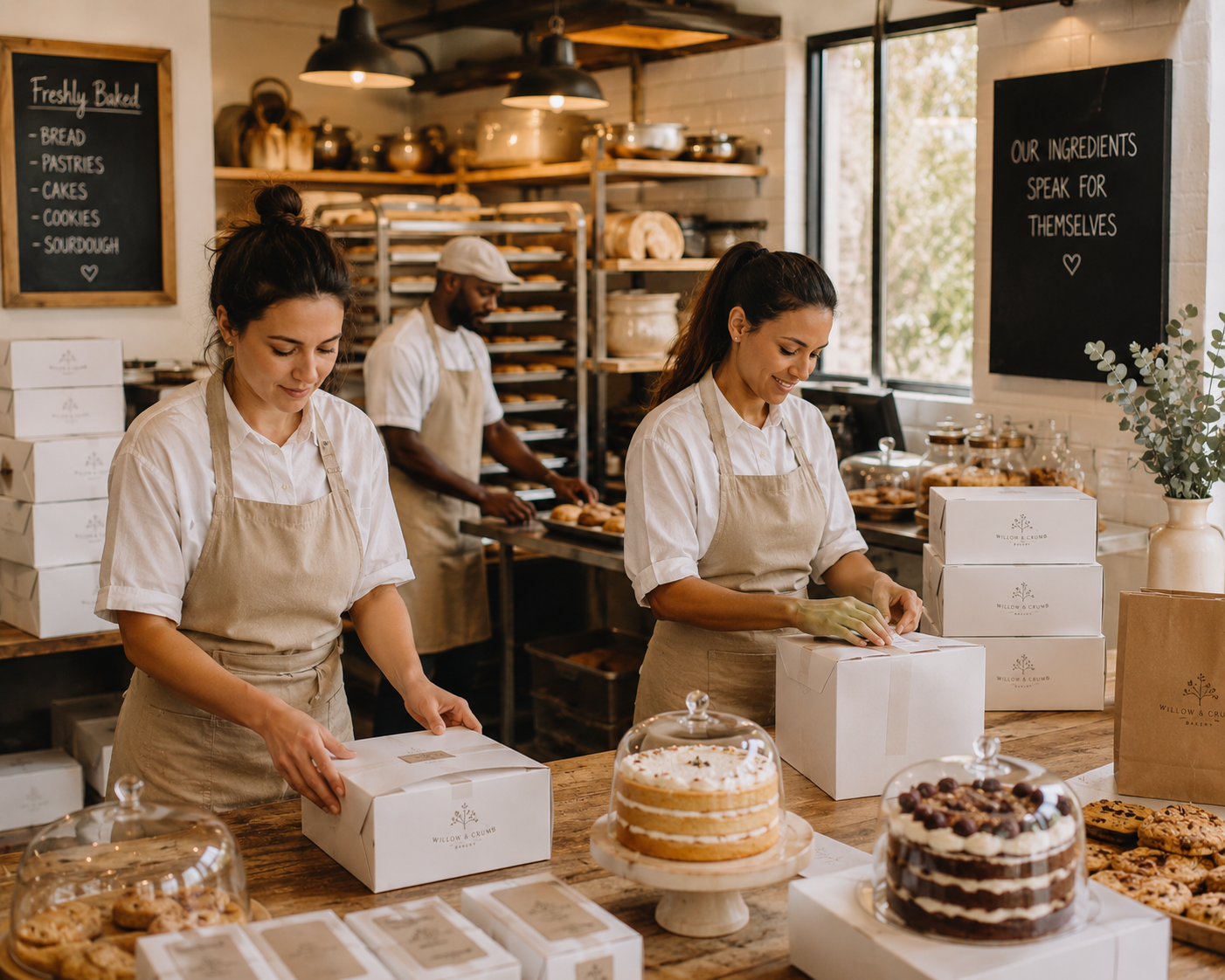 Bakers carefully packaging cake boxes for delivery