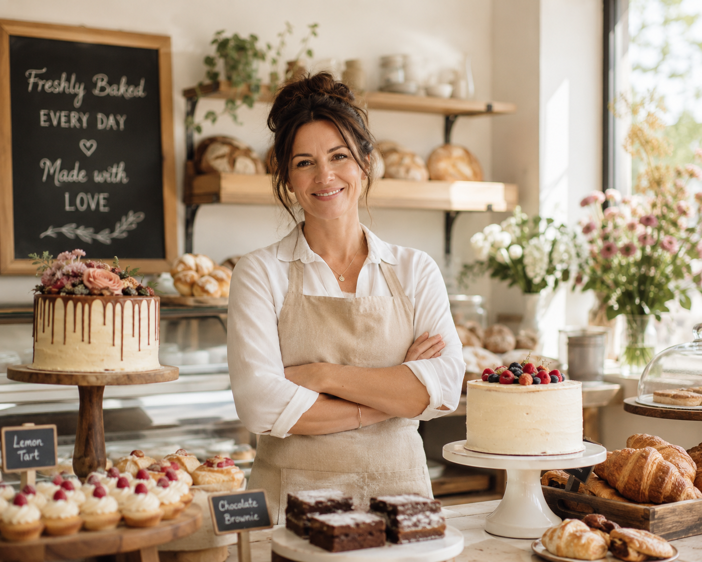 Independent bakery owner in her shop