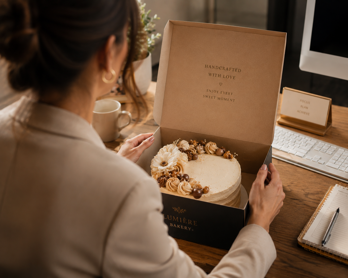 Person opening an artisan birthday cake delivery box at their desk