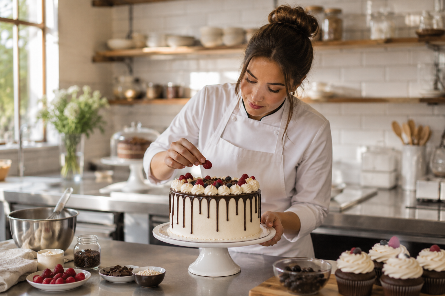 Pastry chef decorating a celebration cake
