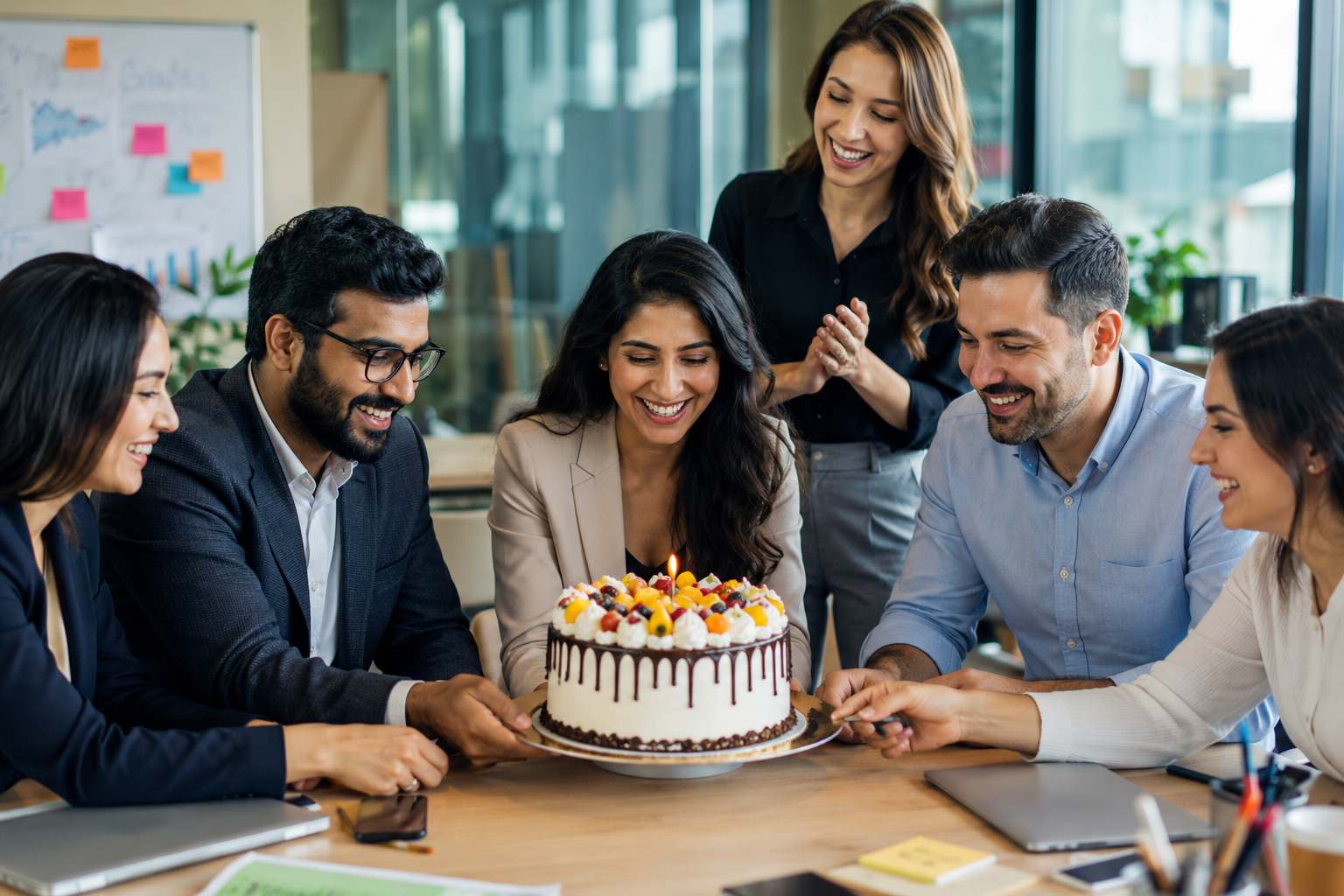Team gathered around a birthday cake in the office