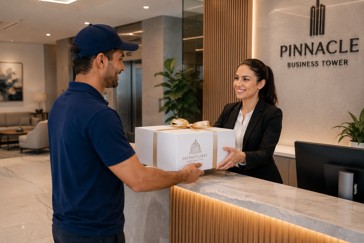 Courier delivering a cake to an office reception